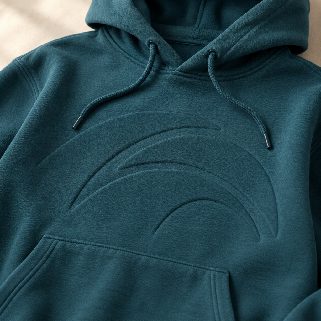 Embossed curved detail on a dark teal hoodie.