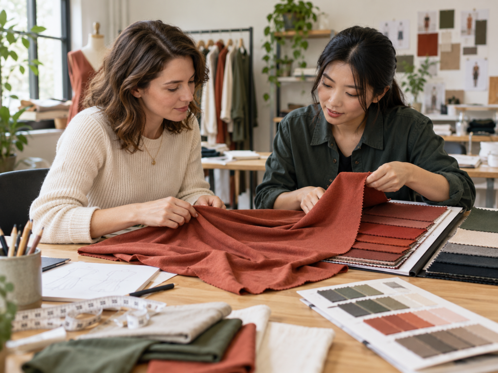 Client and garment specialist selecting terracotta knit fabric