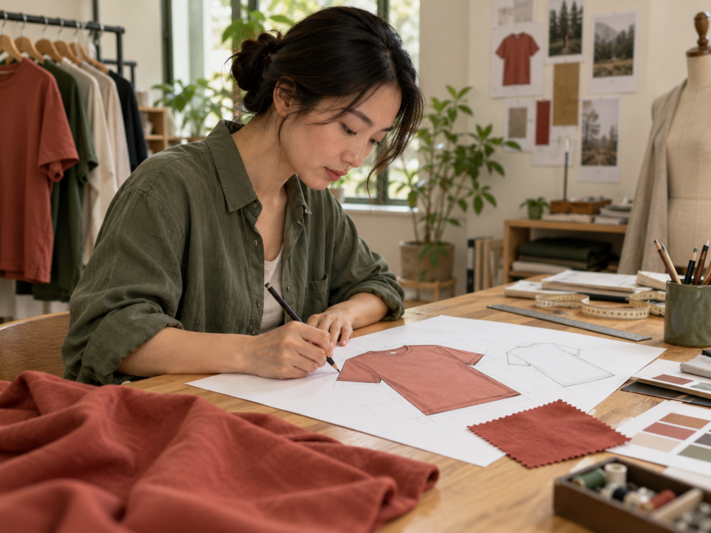 Designer sketching a terracotta red T-shirt