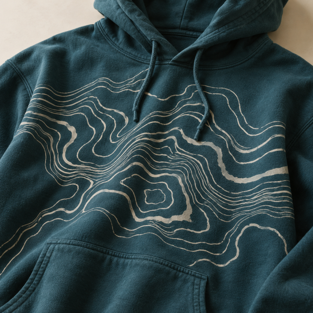Cream contour print on a teal hoodie, showing placement and print detail.