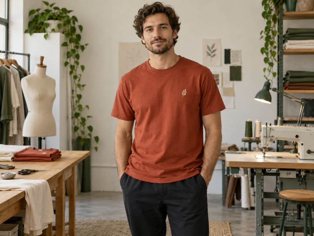 Model wearing the finished terracotta red T-shirt
