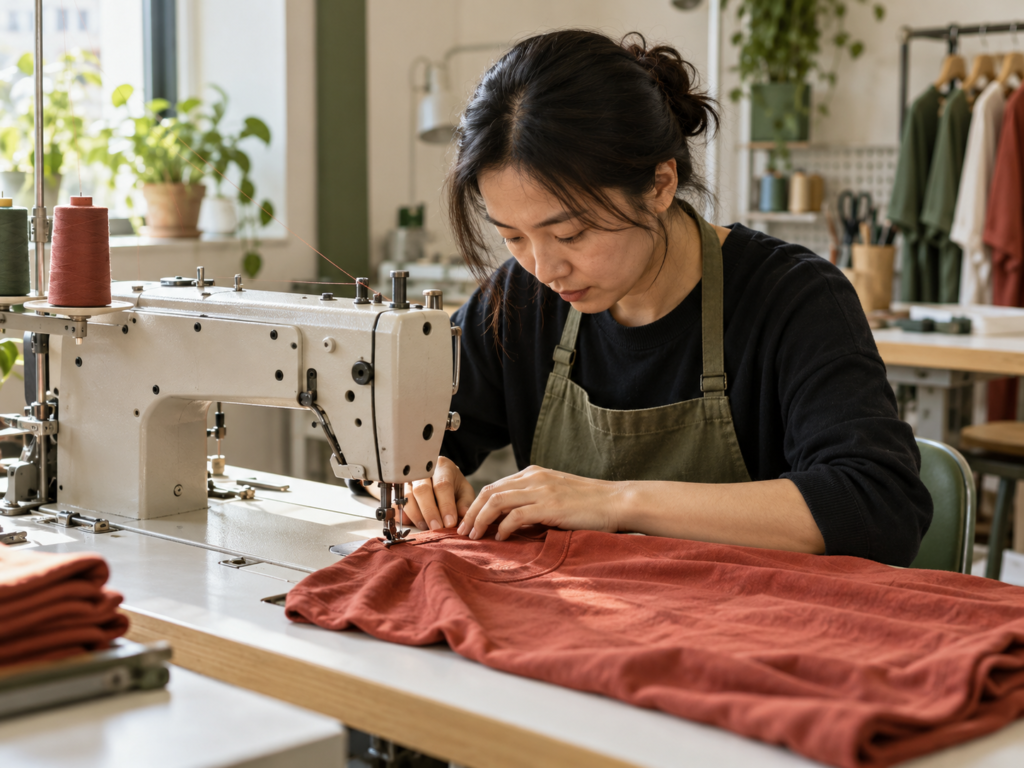 Garment machinist sewing a terracotta red T-shirt sample