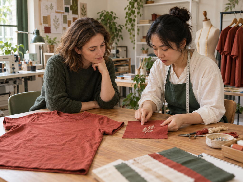 Client reviewing leaf embroidery on terracotta fabric